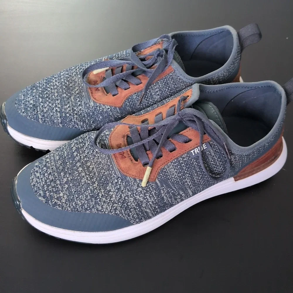True Linkswear Golf Shoes True Lux Knit Spikeless Cleats Navy Blue Brown Size 11